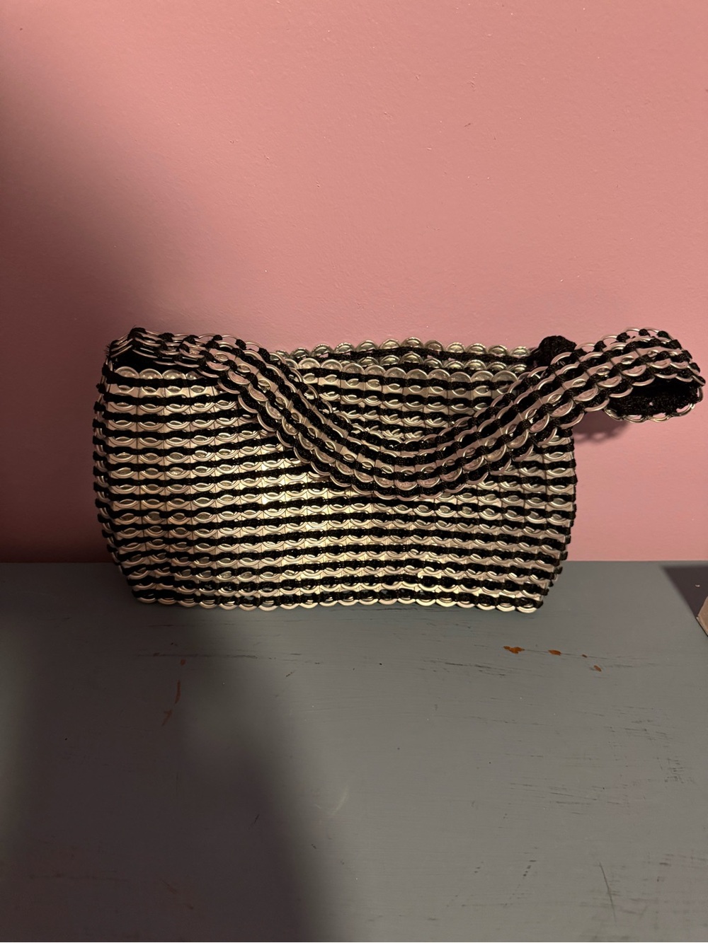 Woven Black and Cream Shoulder Bag with Braided Strap